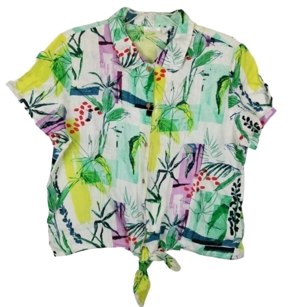 Sigrid Olsen Linen Top Blouse Large Short Sleeve Button Tie Tropical Cropped
